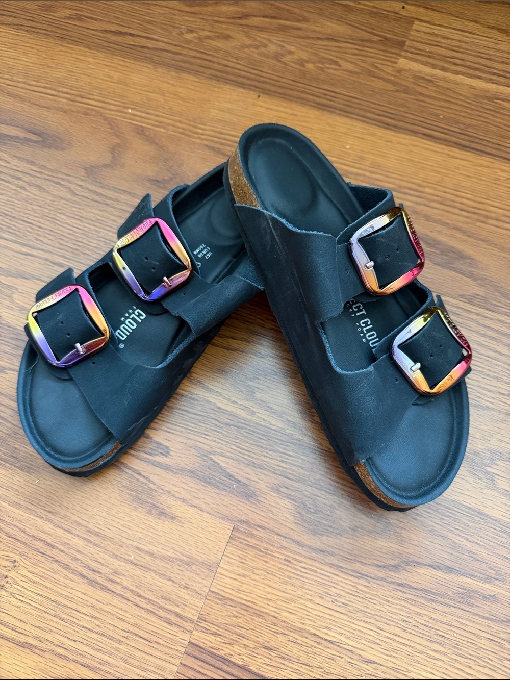 Project Cloud Black Double Strap Sandals with Iridescent Buckles